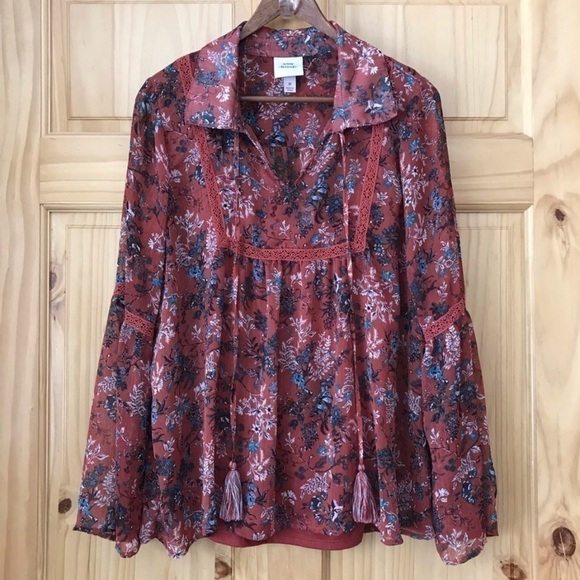 KNOX Rose crochet trim sheer boho bell sleeve floral top size M - Picture 2 of 10